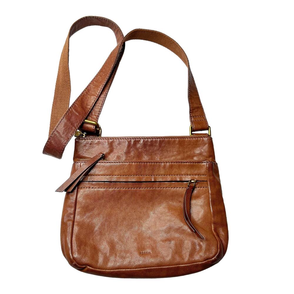 Fossil Brown Leather Small Pruse Shoulder Bag Adjustable Strap Rectangular